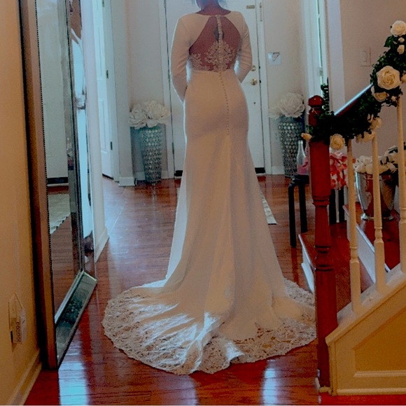 Trumpet/Mermaid Long Sleeves Lace/Elastic Satin Wedding Dress - Picture 3 of 4